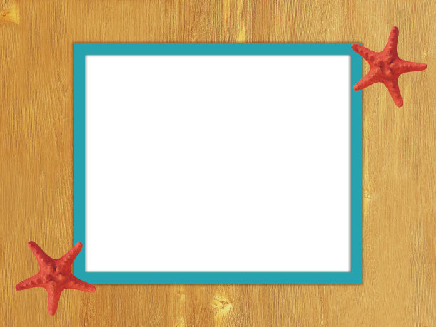 绿松石黄色框架在木背景与海星。图片下载