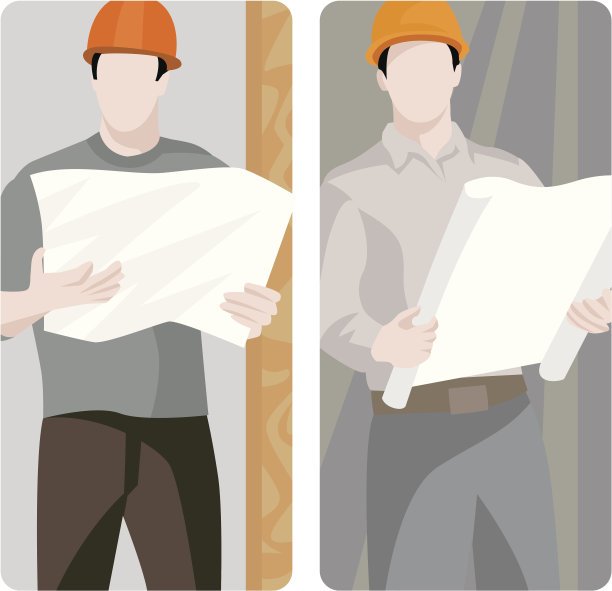 两个戴安全帽的男人和建筑平面图的矢量图像图片下载