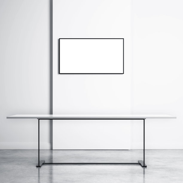 白色的桌子和空的电视屏幕图片下载