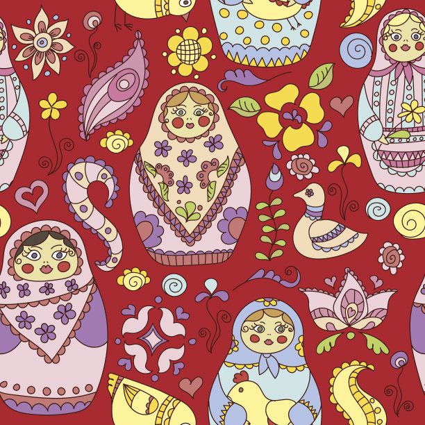 无缝图案涂鸦俄罗斯套娃图片下载
