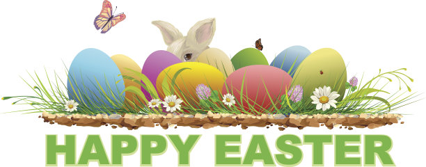 复活节快乐。绿色的草地上画着彩蛋和兔子图片下载