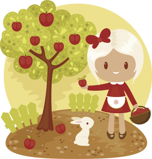 小女孩在苹果树上摘苹果图片下载
