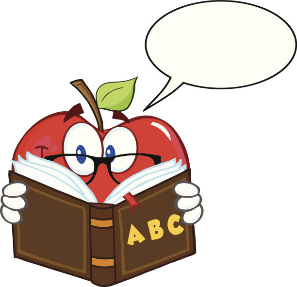 微笑的苹果老师角色读一本带有语音泡泡的书图片下载