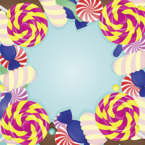 蓝色底色搭配不同颜色的糖果。图片下载