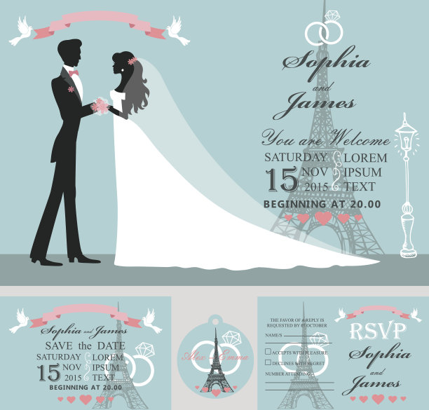 婚礼的邀请。新郎,新娘,埃菲尔铁塔图片下载