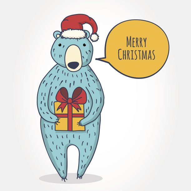 卡通熊与礼盒。新年或圣诞贺卡图片下载