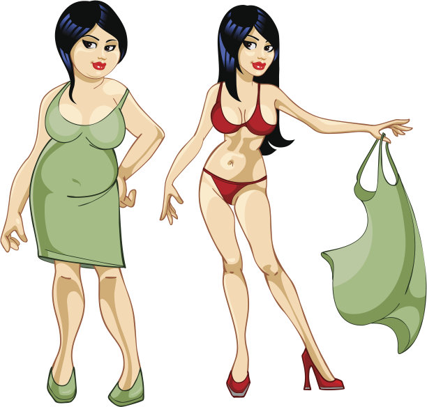 胖女孩穿着衣服，瘦女孩穿着泳衣图片下载