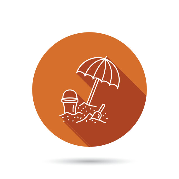 沙滩伞在沙的图标。桶和铲子。图片下载