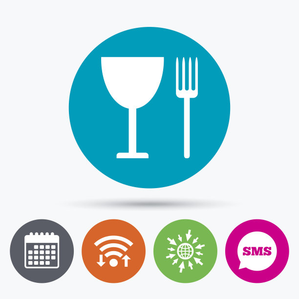 吃符号图标。餐具的象征。叉和葡萄酒杯。图片下载