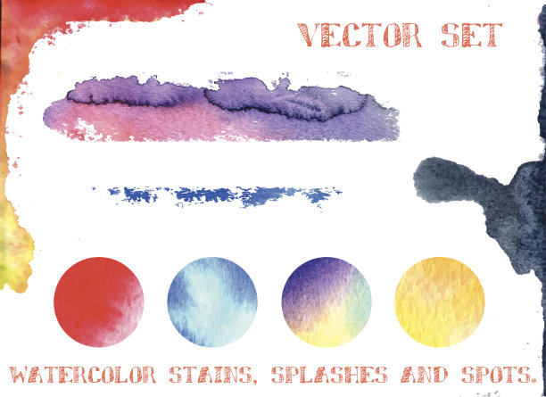 向量集:水彩污渍，飞溅和斑点。元素图片下载