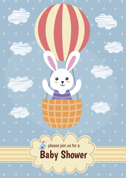 婴儿送礼卡上有一只可爱的兔子在气球上飞行图片下载