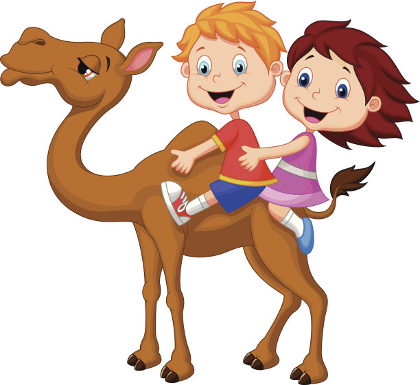 卡通男孩和女孩骑骆驼图片下载