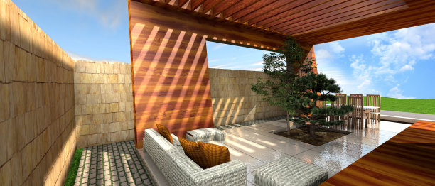 现代住宅露台的3D渲染图片下载