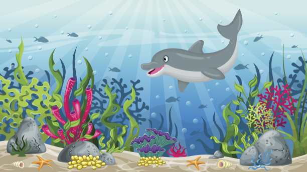水下景观与海豚插图图片下载