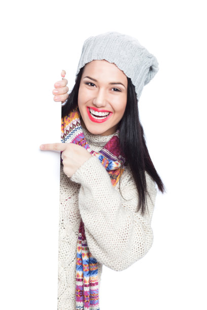 冬季女孩与空白标志图片下载