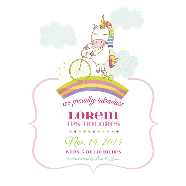 婴儿送礼会或抵达卡-婴儿独角兽女孩图片下载
