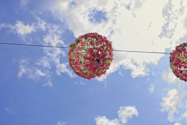 空气春天街道装饰花球。图片下载