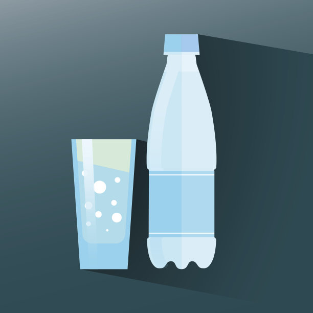 一杯水和一个瓶子的图标。平面图标，长图片下载