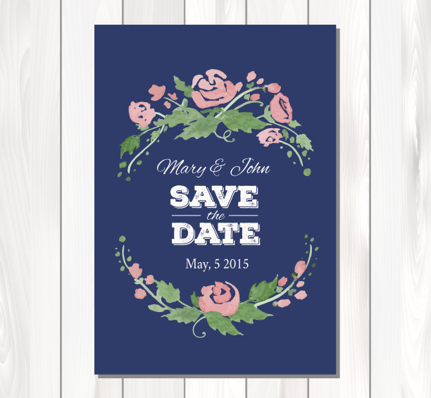 矢量婚礼邀请与水彩花和印刷图片下载