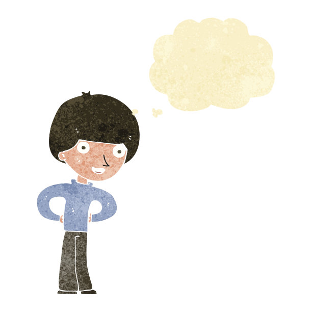 卡通快乐的男孩双手叉腰带着思想泡泡图片下载