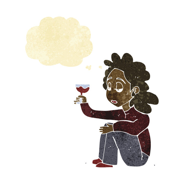 卡通不幸的女人拿着酒杯与思想泡在一起图片下载