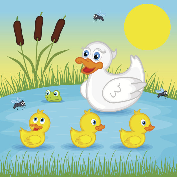 鸭妈妈带着小鸭子在湖上图片下载