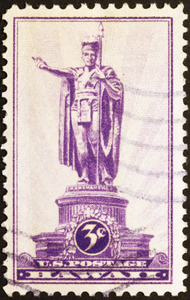 夏威夷古老邮票上的卡美哈美哈国王雕像图片下载
