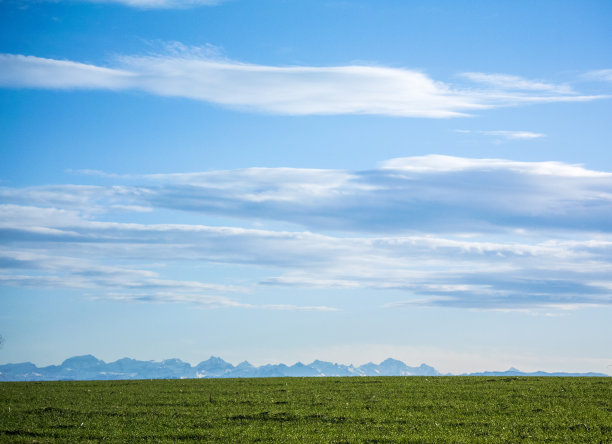 田野下湛蓝的天空和地平线上的山脉图片下载