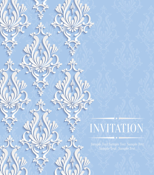 向量蓝色复古邀请卡与花缎图案图片下载