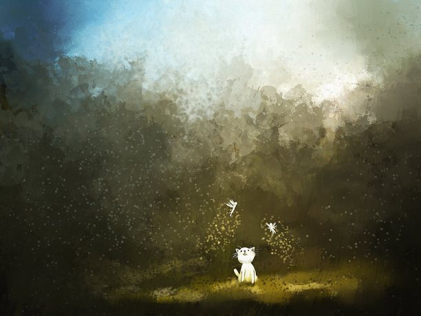 画的是小猫在绿色的草地上和仙女玩耍图片下载