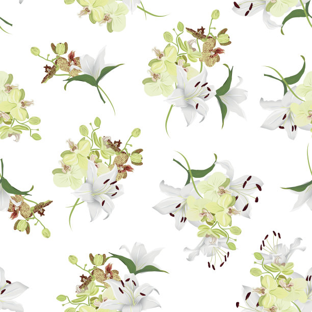 百合和老虎兰花花束无缝矢量打印图片下载