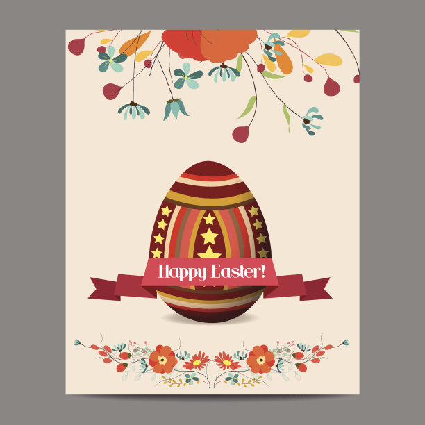 复活节彩蛋邀请卡与标签和花卉背景图片下载