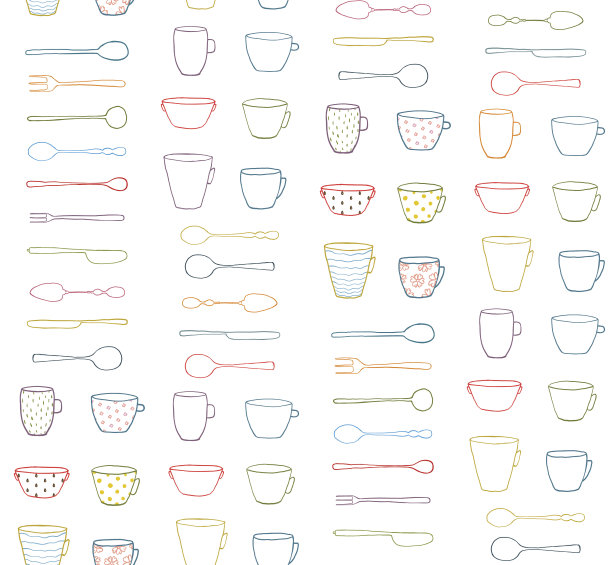 杯子，杯子，银器轮廓无缝图案背景图片下载