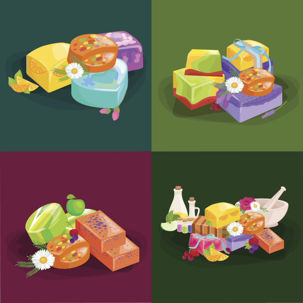 自制肥皂、鲜花和精油。矢量图标设置图片下载