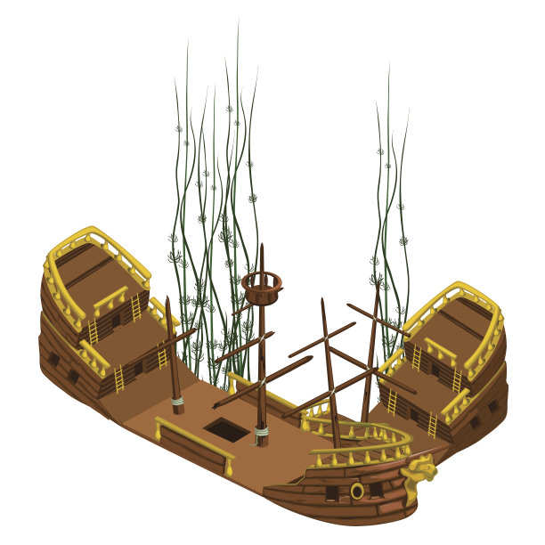 海盗船残骸和海藻，病媒隔离图片下载