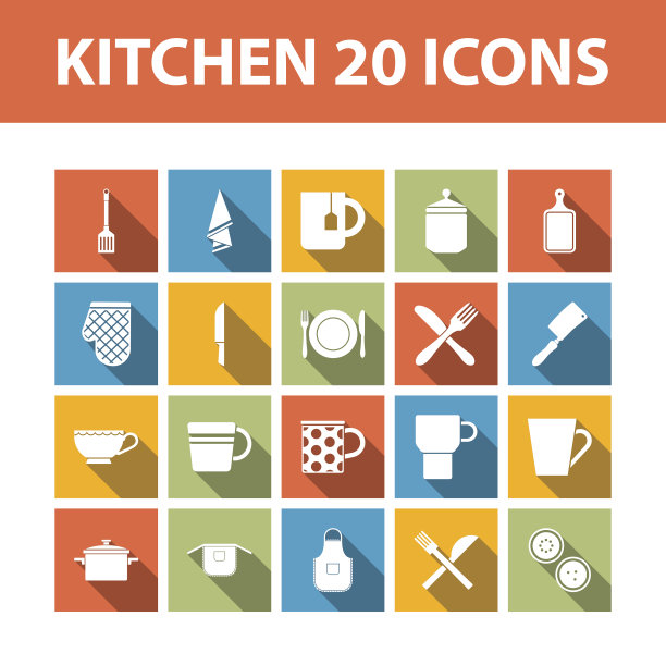厨房20个矢量平面图标设置图片下载