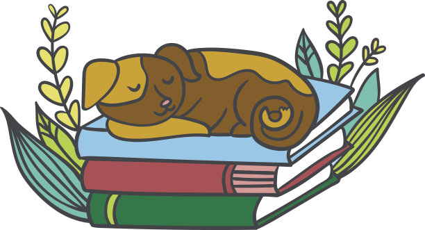 矢量明信片与可爱的昏昏欲睡的小狗，书籍和植物图片下载