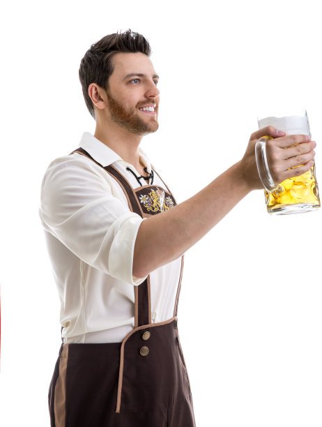 年轻人穿着传统的巴伐利亚服装，背景是白色图片下载