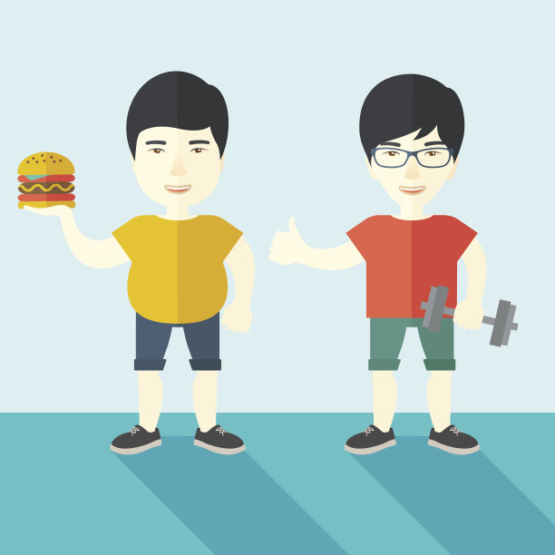 男人拿着汉堡和哑铃站着图片下载