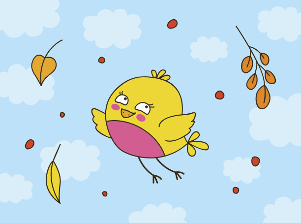 可爱的卡通鸟与秋天的树叶图片下载