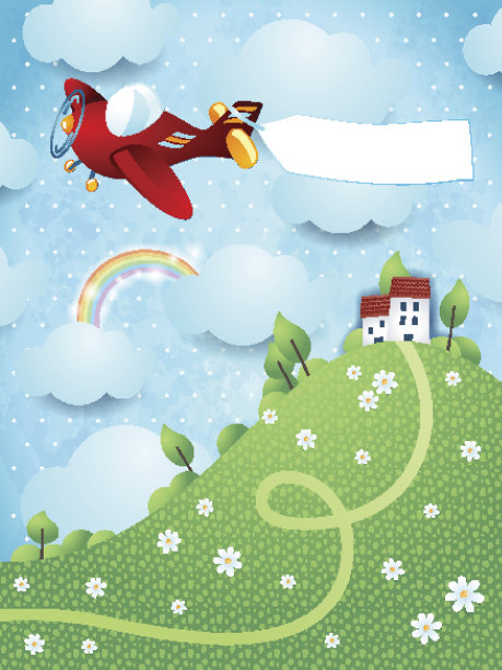 幻想风景与山，飞机和旗帜图片下载