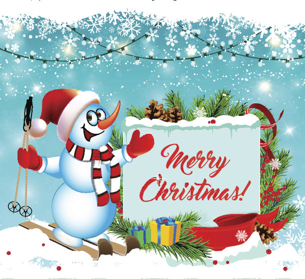 圣诞快乐。滑雪板上的雪人向你祝贺。图片下载