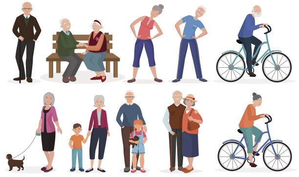 老年人在不同的活动情境下集合。祖父母的夫妇。图片下载