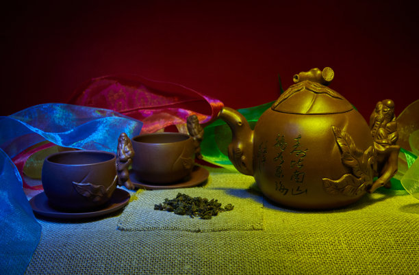 手工制作的茶杯，茶托，茶壶，静物画图片下载