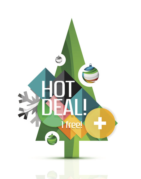 圣诞树快乐，上面贴有促销海报图片下载