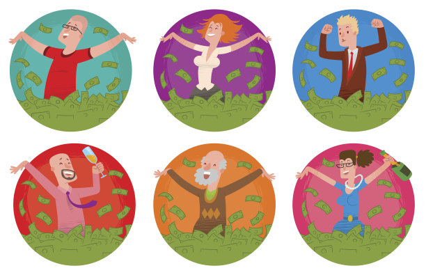 一组圆形的镜框，上面是沐浴在金钱中的快乐的人们图片下载