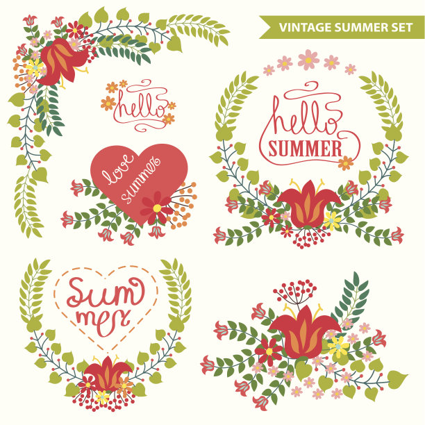 向量插花艺术。Doodl复古夏季套装图片下载