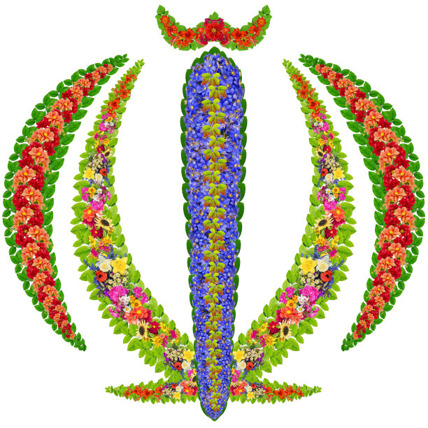 伊斯兰教的象征——先知穆罕默德·佐勒菲卡尔的剑——是用鲜花和树叶制成的。孤立的抽象手工拼贴画图片下载