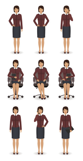 办公室员工在不同的姿势孤立在一个白色背景。站着坐在椅子上的女商人。图片下载