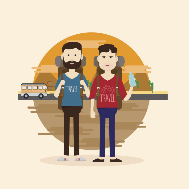 旅行背包和人物矢量插图。图片下载